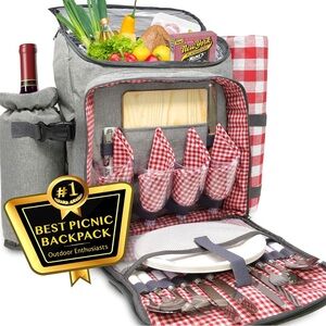 Picnic Backpack with Red Checkered Design for four